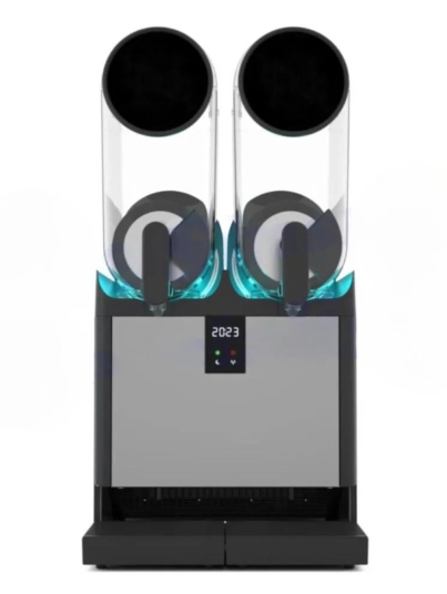 Front view of the V AIR Smart+ 2 slush and frozen cocktail machine featuring dual 15L bowls, smart LED lighting, and a sleek black and silver design.