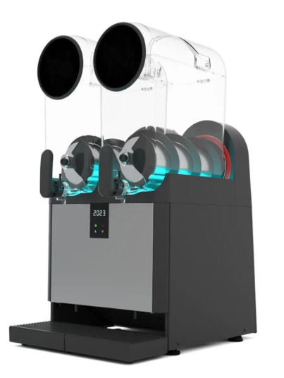 Side profile of V AIR Smart+ 2 twin bowl slush machine showcasing compact width, vertical ventilation system, stainless steel accents, dual 15L bowls, and smart tap assemblies for efficient dual-flavor frozen drink service.