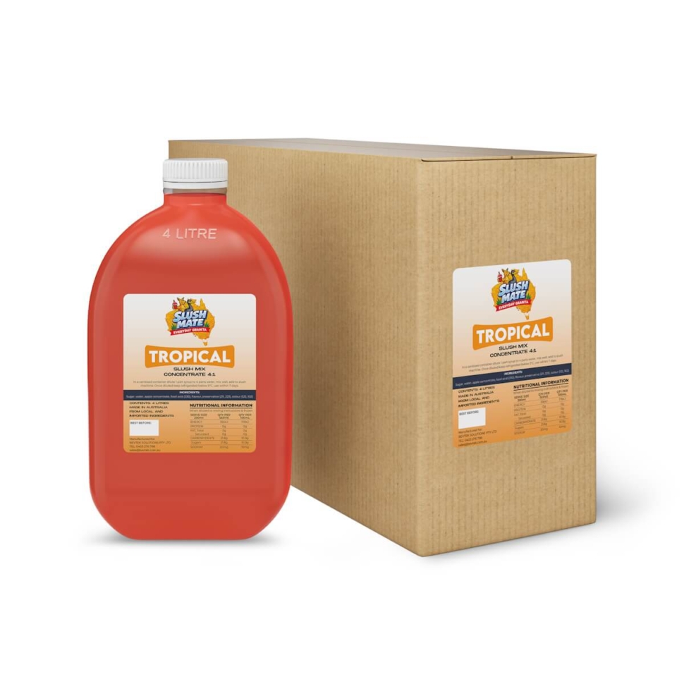 Slush Mate Everyday Granita Tropical 4L syrup bottle and carton