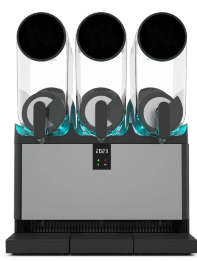 Slush WA V-Air Smart+ 3 triple bowl slush machine (3x15L), multi-color LED lighting, digital touchscreen, vertical ventilation for compact commercial setups, vibrant frozen drinks display