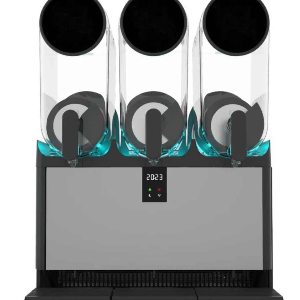 Slush WA V-Air Smart+ 3 triple bowl slush machine (3x15L), multi-color LED lighting, digital touchscreen, vertical ventilation for compact commercial setups, vibrant frozen drinks display