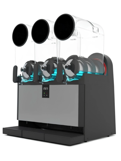 Side profile of V AIR Smart+ 3 triple bowl slush machine showing compact width, vertical ventilation system, stainless steel construction, and smart tap assemblies for efficient high-capacity frozen drink service.