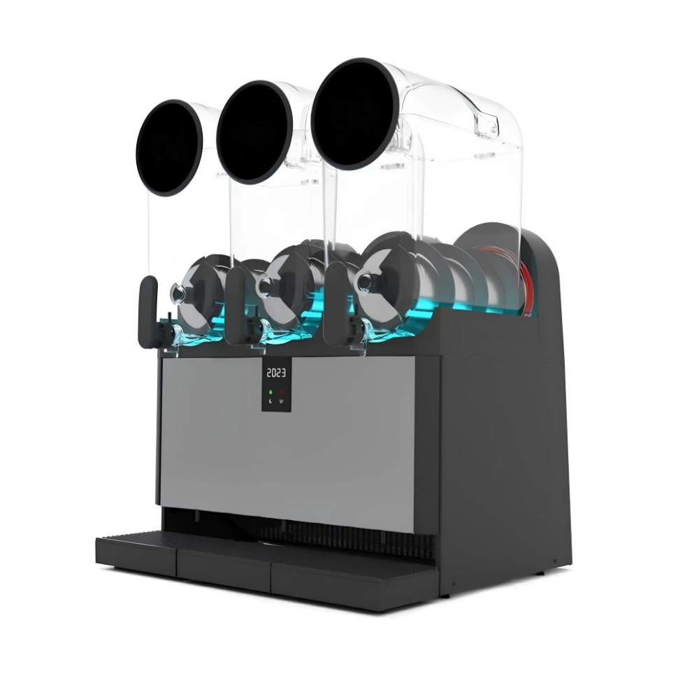 Side profile of V AIR Smart+ 3 triple bowl slush machine showing compact width, vertical ventilation system, stainless steel construction, and smart tap assemblies for efficient high-capacity frozen drink service.