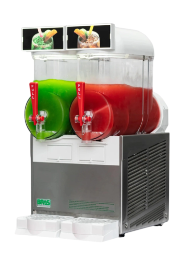 White Bras FBM2 twin bowl slush machine with stainless steel panels, red tap handles, illuminated 2x10L hoppers, and compact design for commercial frozen beverages.
