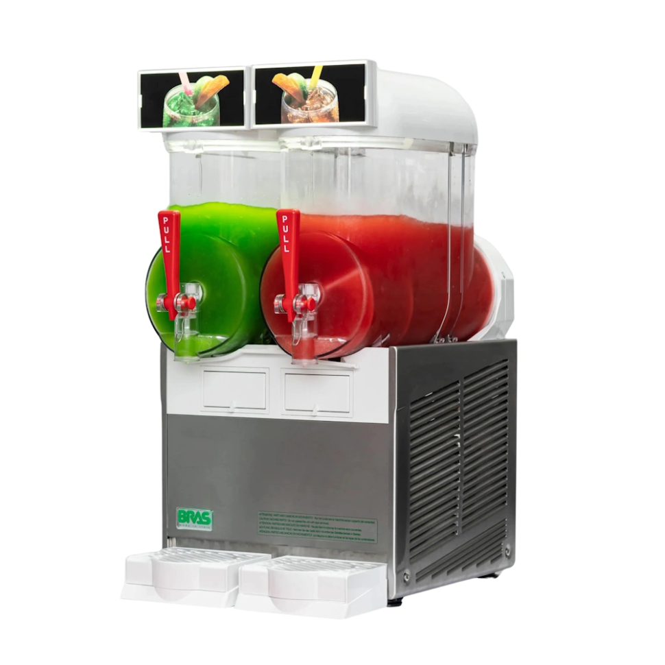 White Bras FBM2 twin bowl slush machine with stainless steel panels, red tap handles, illuminated 2x10L hoppers, and compact design for commercial frozen beverages.