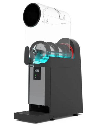 Side view of V AIR Smart+ 1 single bowl slush machine showcasing 21.5cm slim width, vertical ventilation system, stainless steel accents, and compact 60cm depth for efficient counter space usage.