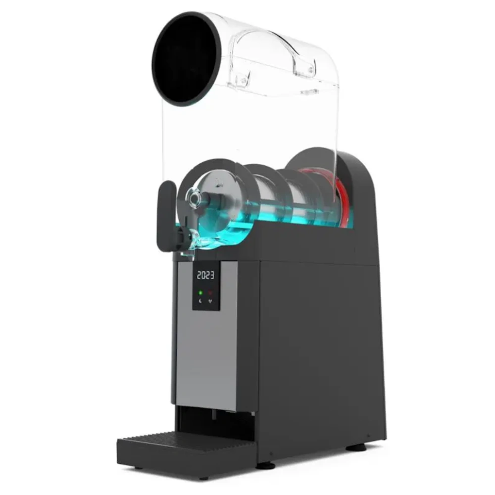 Side view of V AIR Smart+ 1 single bowl slush machine showcasing 21.5cm slim width, vertical ventilation system, stainless steel accents, and compact 60cm depth for efficient counter space usage.