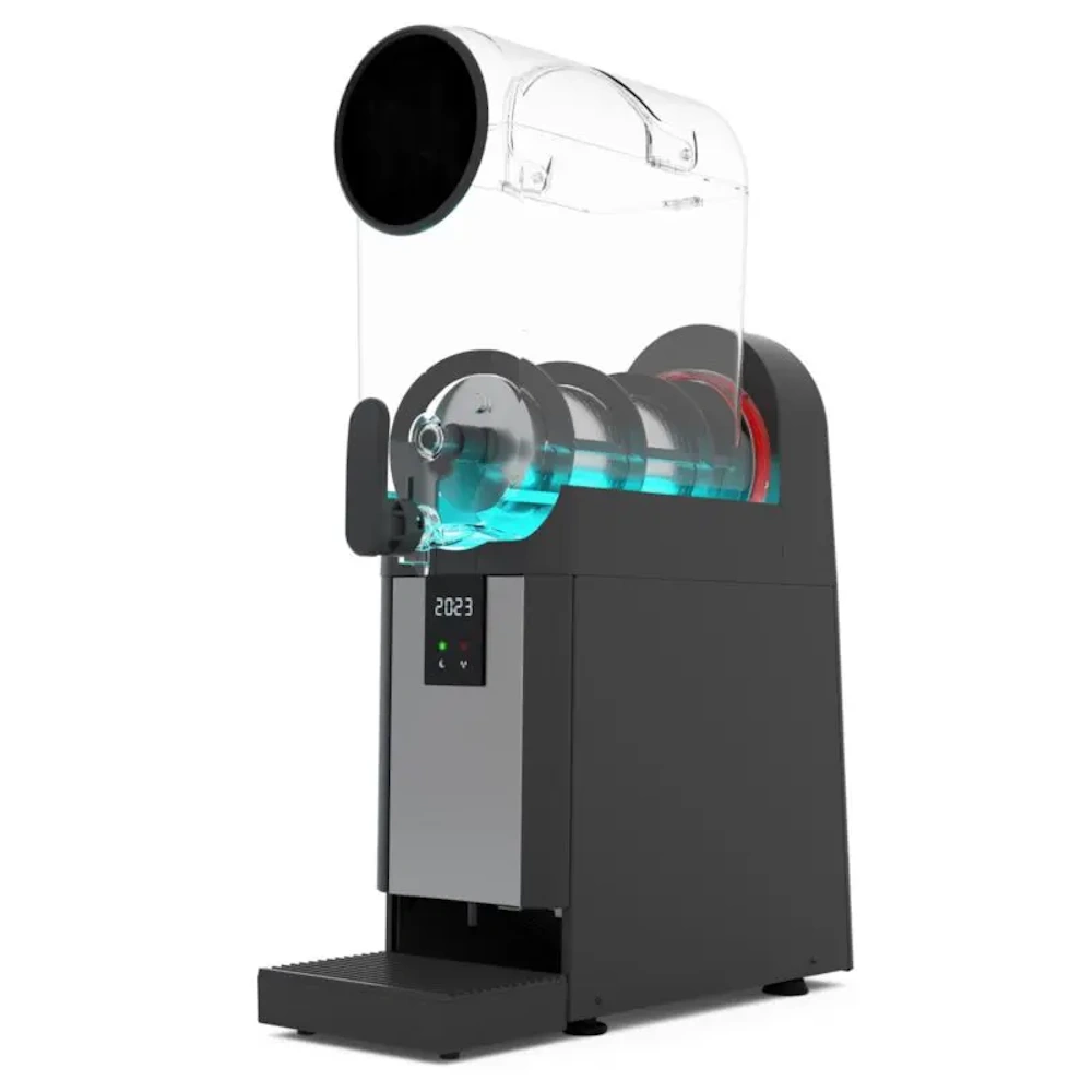 Side view of V AIR Smart+ 1 single bowl slush machine showcasing 21.5cm slim width, vertical ventilation system, stainless steel accents, and compact 60cm depth for efficient counter space usage.