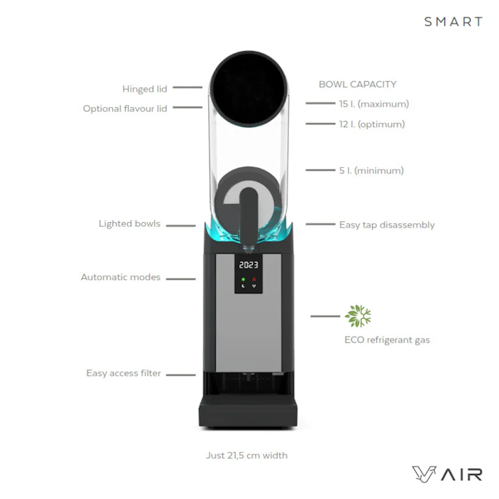 Technical specs diagram of V AIR Smart+ 1 slush machine detailing 15L bowl, 350W power, 45-minute freeze time, app-controlled LED lighting, and dimensions for commercial frozen beverage applications.