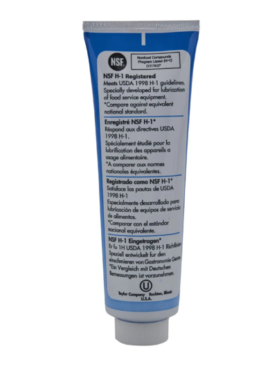 Taylor Blue Lube 113g tube rear showing label ingredients directions and food grade safety information for slush machine maintenance.