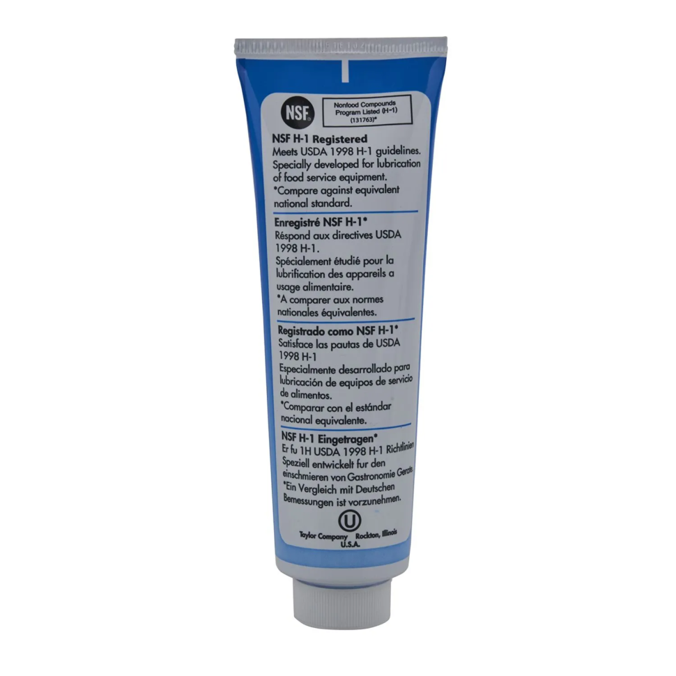 Taylor Blue Lube 113g tube rear showing label ingredients directions and food grade safety information for slush machine maintenance.