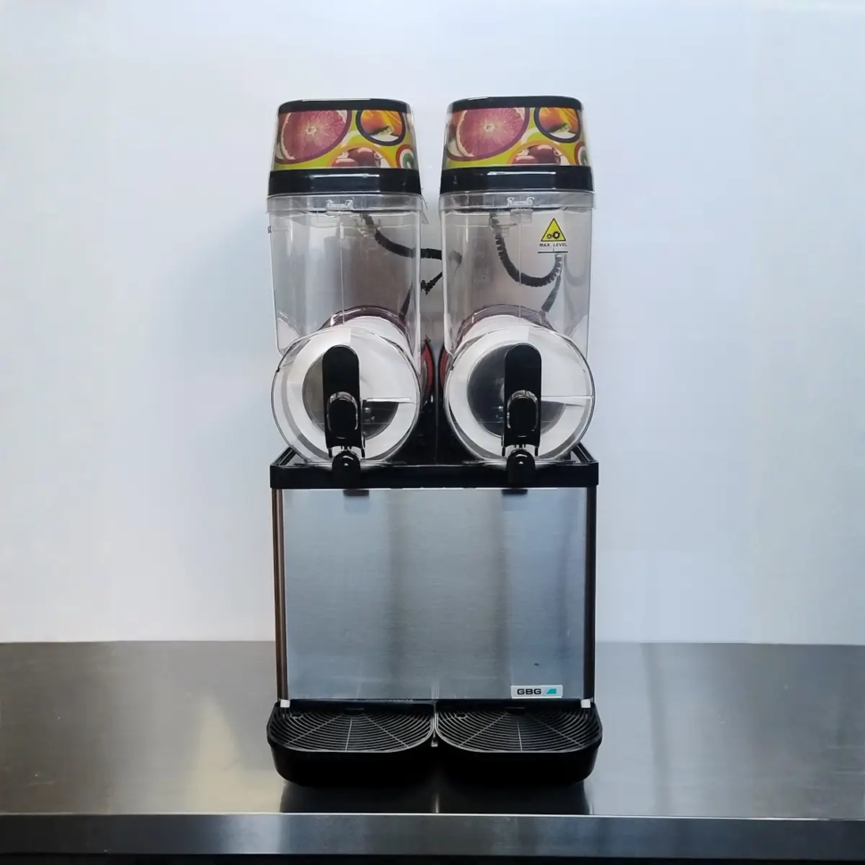 Front view of GBG Granitime GT2FF PP twin bowl slush machine